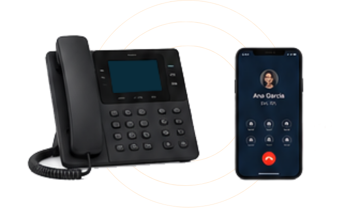 Teléfono IP de escritorio y aplicación de telefonía en un celular